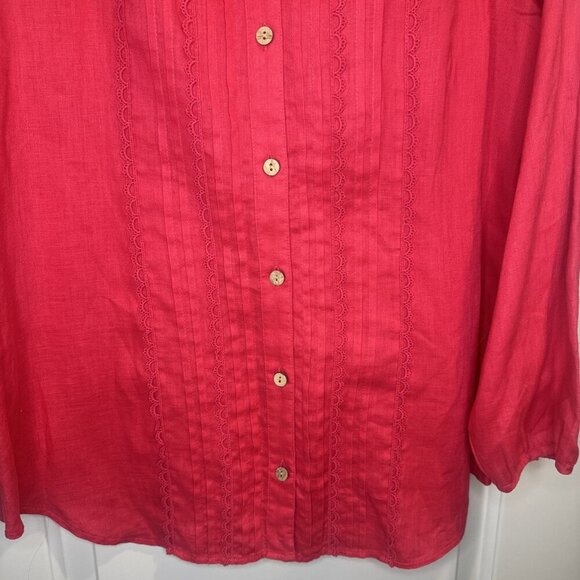 Soft Surroundings Pink Linen Roll Tab Sleeve Button Down Pleated Blouse Sz M - Picture 3 of 11